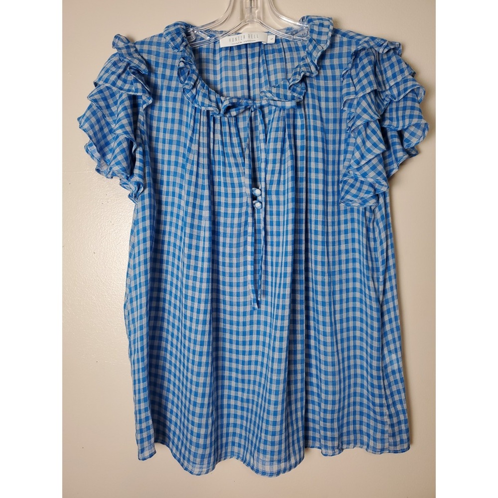 Hunter Bell New York Quinn Gingham Blouse Top Small Cornflower Blue Linen Ruffle